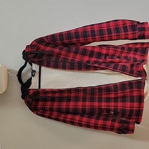 Red/black plaid sherpa lined hooded jacket